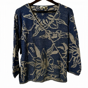 Coldwater Creek Women’s L Floral Blue White Weaved Crewneck Light Sweater